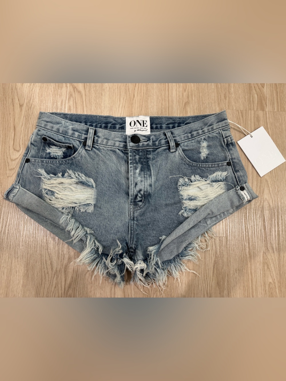 One Teaspoon Light Blue Distressed Rolled Hem Denim Shorts